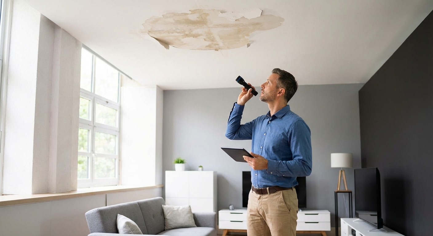 Propietario evaluando da&ntilde;os por agua en el techo de su vivienda antes de llamar al seguro