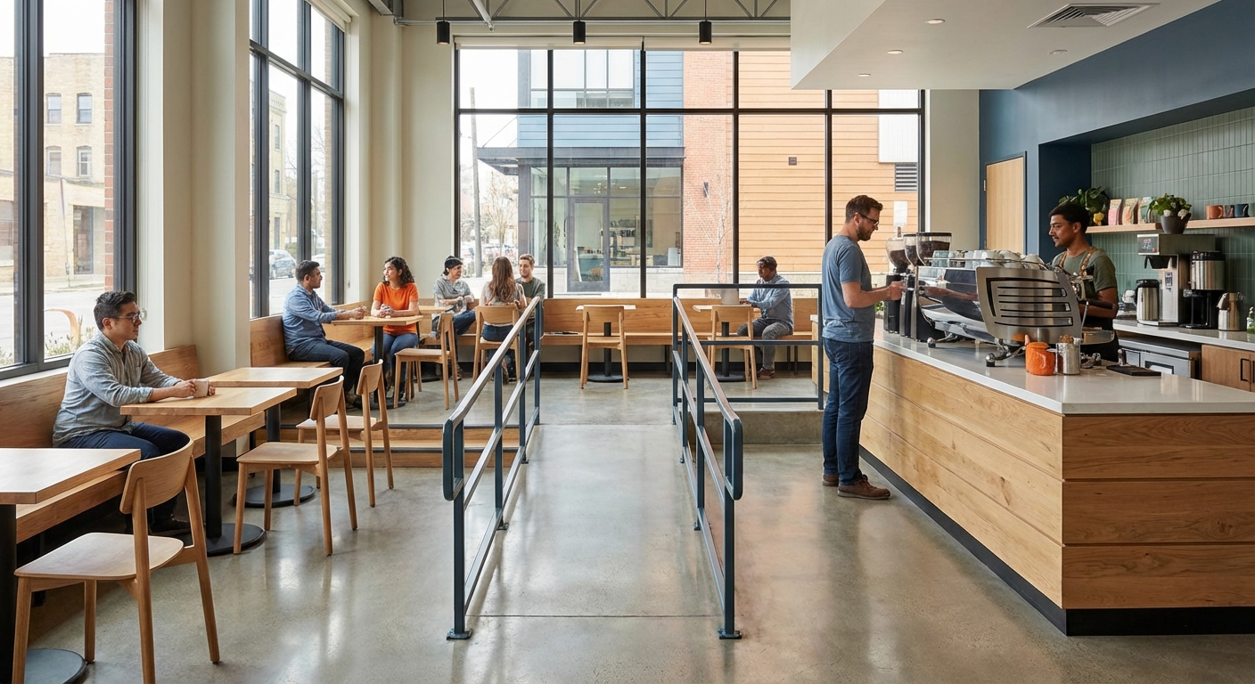 Interior de una cafeter&iacute;a moderna con dise&ntilde;o accesible y barra equipada