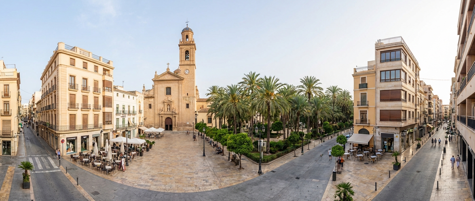 Vista panor&aacute;mica del centro de Elche y locales comerciales