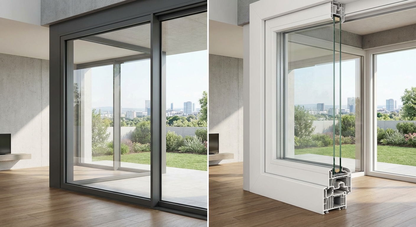 Comparaci&oacute;n visual entre perfil de ventana de aluminio y perfil de PVC en una vivienda moderna