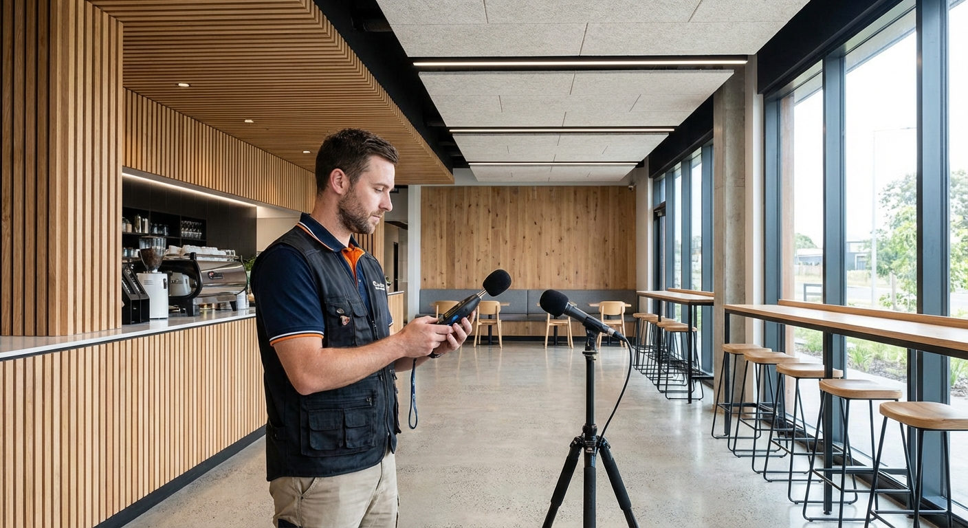 T&eacute;cnico realizando mediciones ac&uacute;sticas en un local