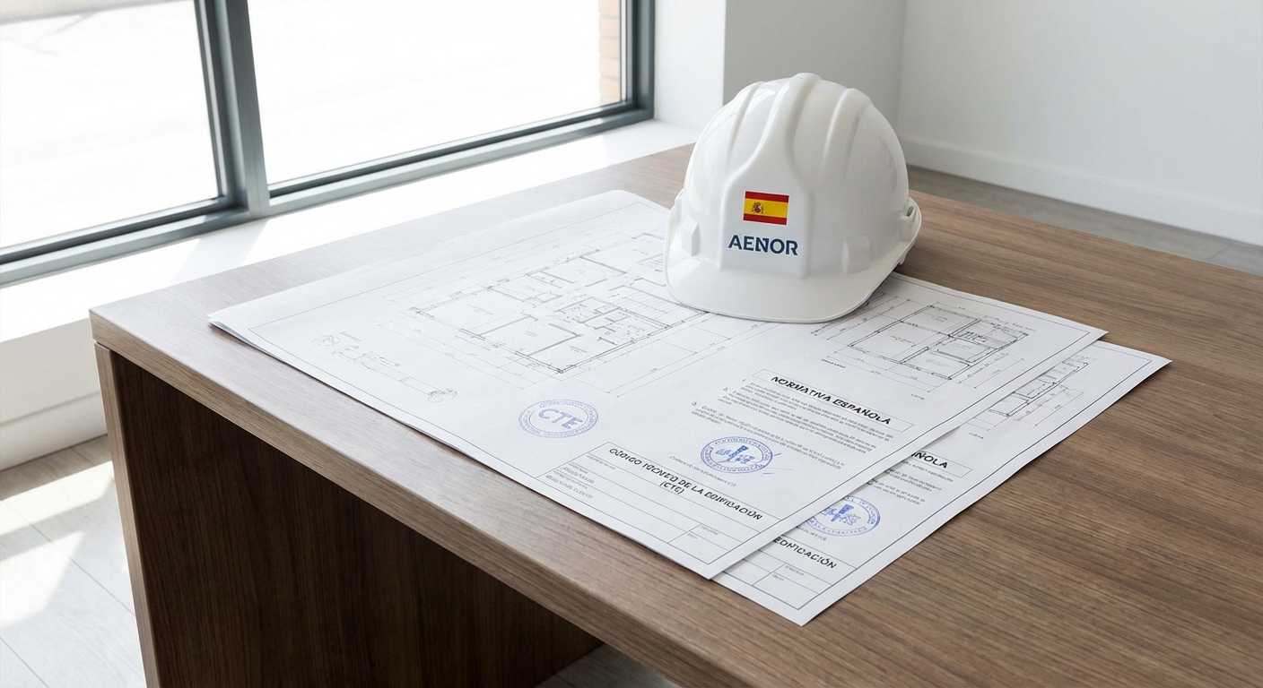 Planos arquitect&oacute;nicos y casco de seguridad representando la normativa de edificaci&oacute;n en Espa&ntilde;a