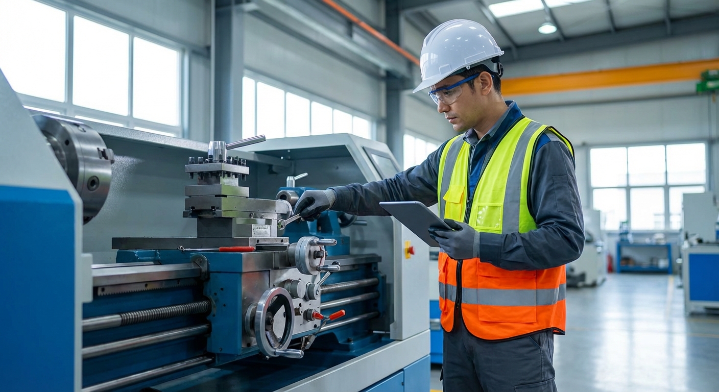 T&eacute;cnico realizando inspecci&oacute;n de seguridad en maquinaria industrial