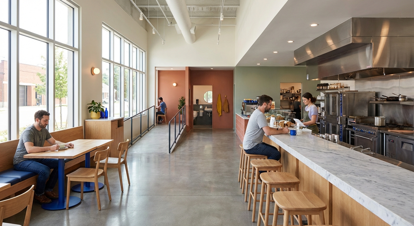 Interior de una cafeter&iacute;a moderna dise&ntilde;ada cumpliendo la normativa de hosteler&iacute;a