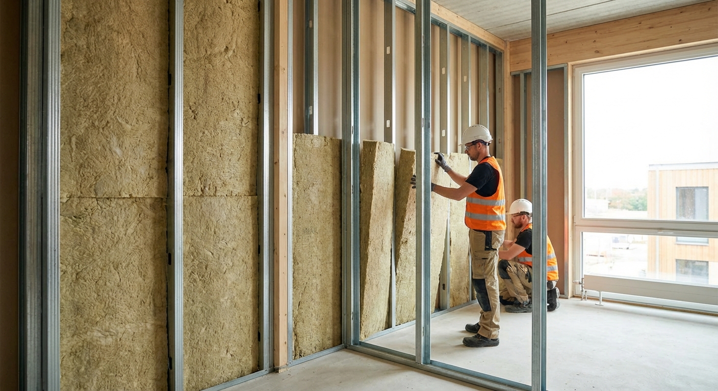 Instalaci&oacute;n de paneles de lana de roca y estructura met&aacute;lica para aislamiento interior