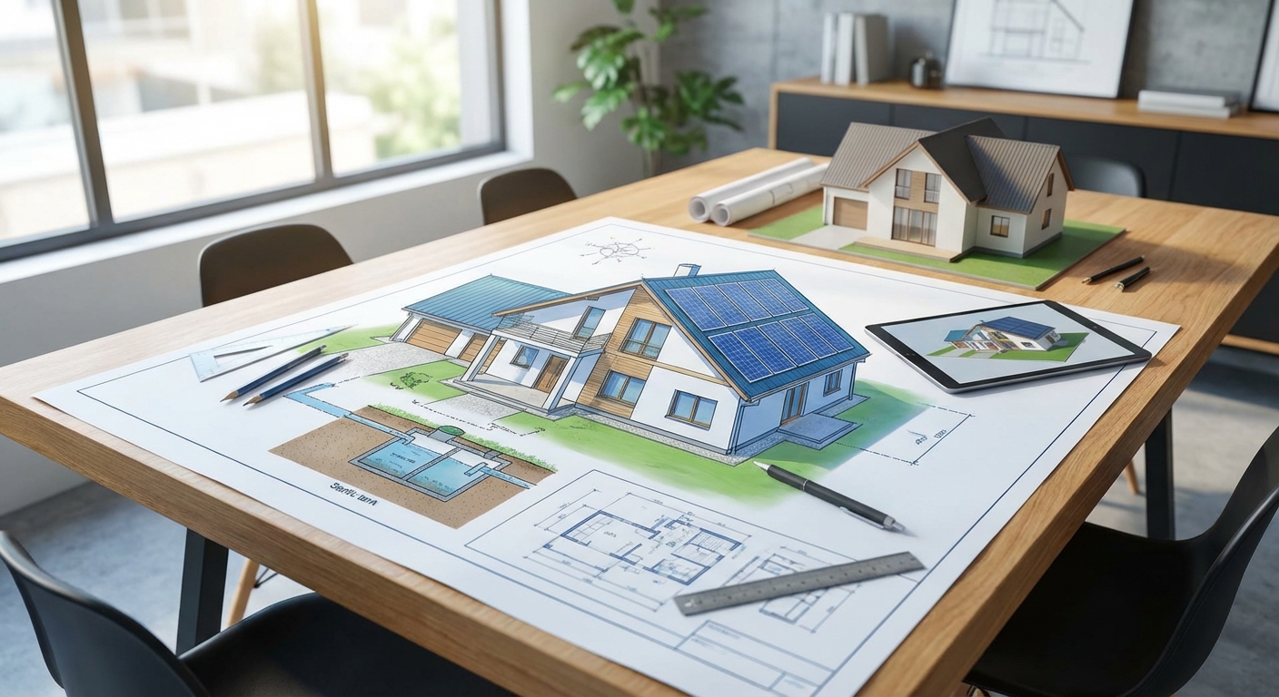 Planos de arquitecto para vivienda unifamiliar con detalles de fosa s&eacute;ptica y paneles solares