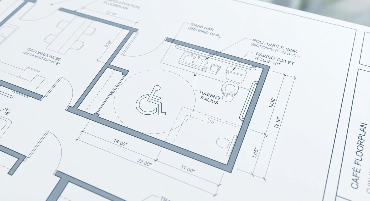 Plano t&eacute;cnico mostrando un aseo adaptado para minusv&aacute;lidos en una cafeter&iacute;a