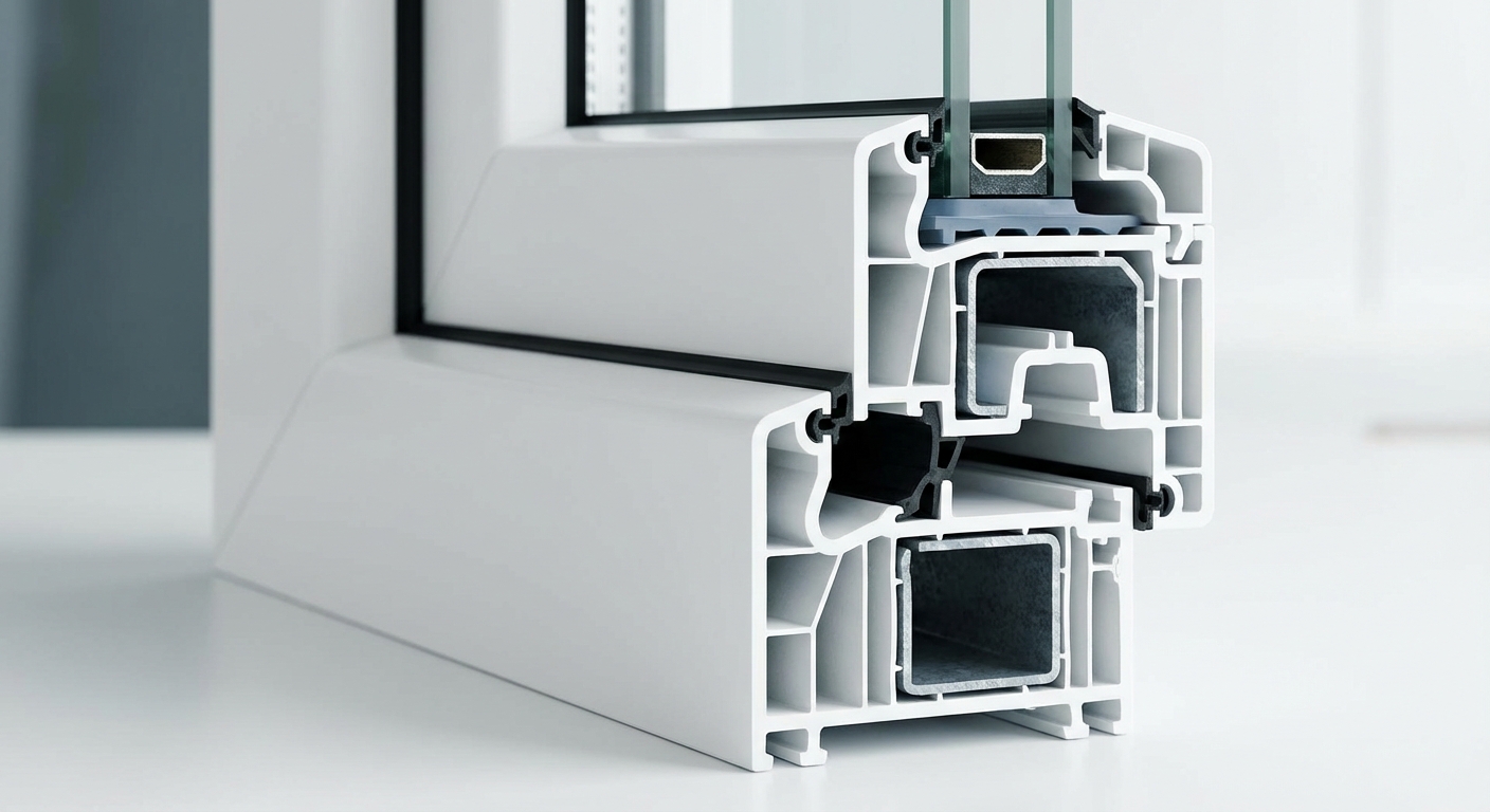 Detalle de una esquina de ventana de PVC blanco mostrando las c&aacute;maras de aislamiento internas