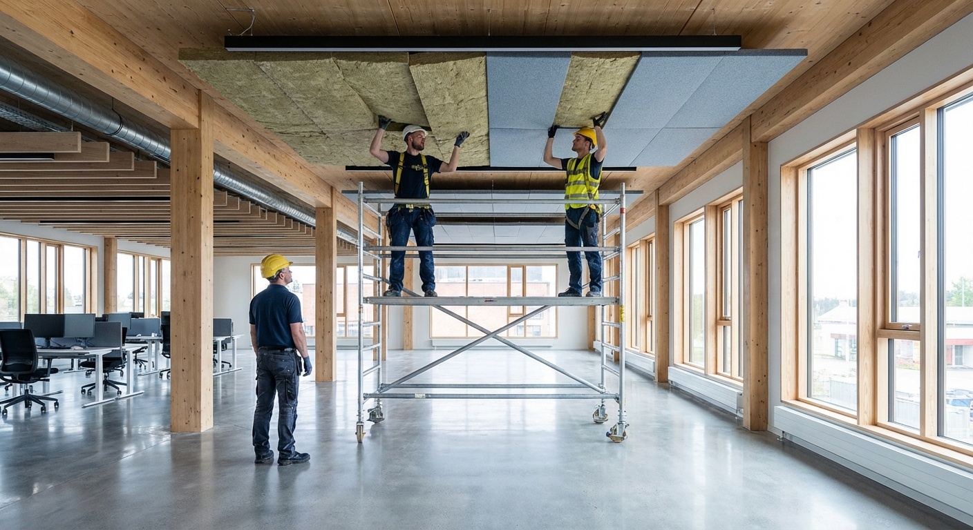 Instalaci&oacute;n de aislamiento ac&uacute;stico en el techo de un local comercial