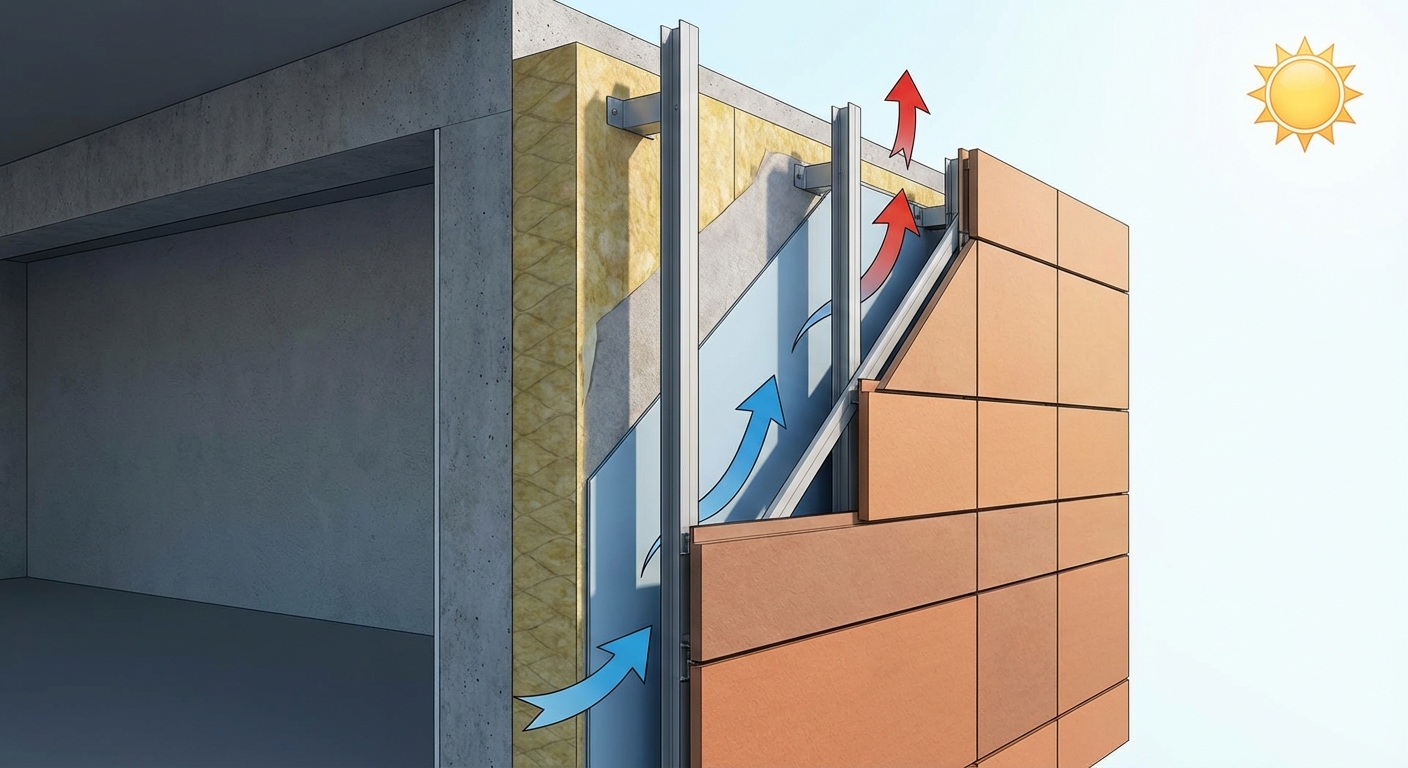 Esquema de funcionamiento de una fachada ventilada con flujo de aire y efecto chimenea
