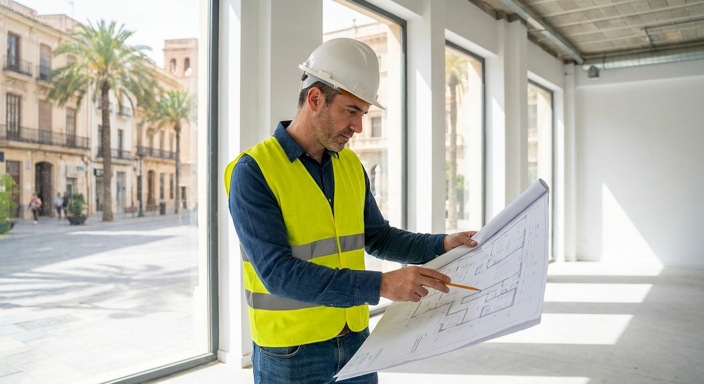 Ingeniero revisando planos de un local comercial en Elche