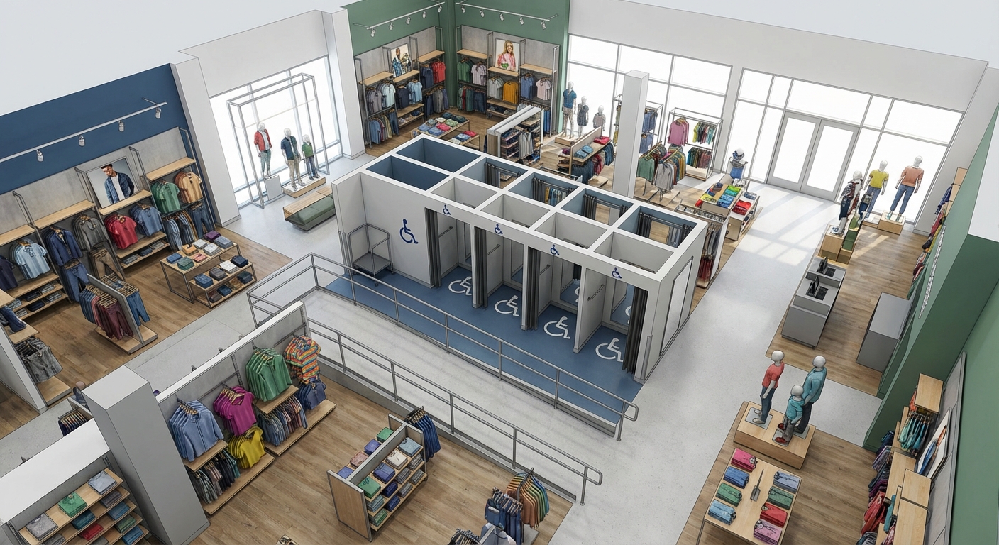 Plano t&eacute;cnico mostrando accesibilidad y distribuci&oacute;n de probadores en tienda de ropa