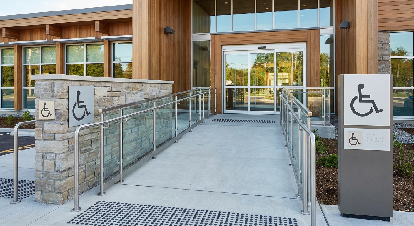 Rampa de acceso y se&ntilde;alizaci&oacute;n para accesibilidad universal en edificio p&uacute;blico