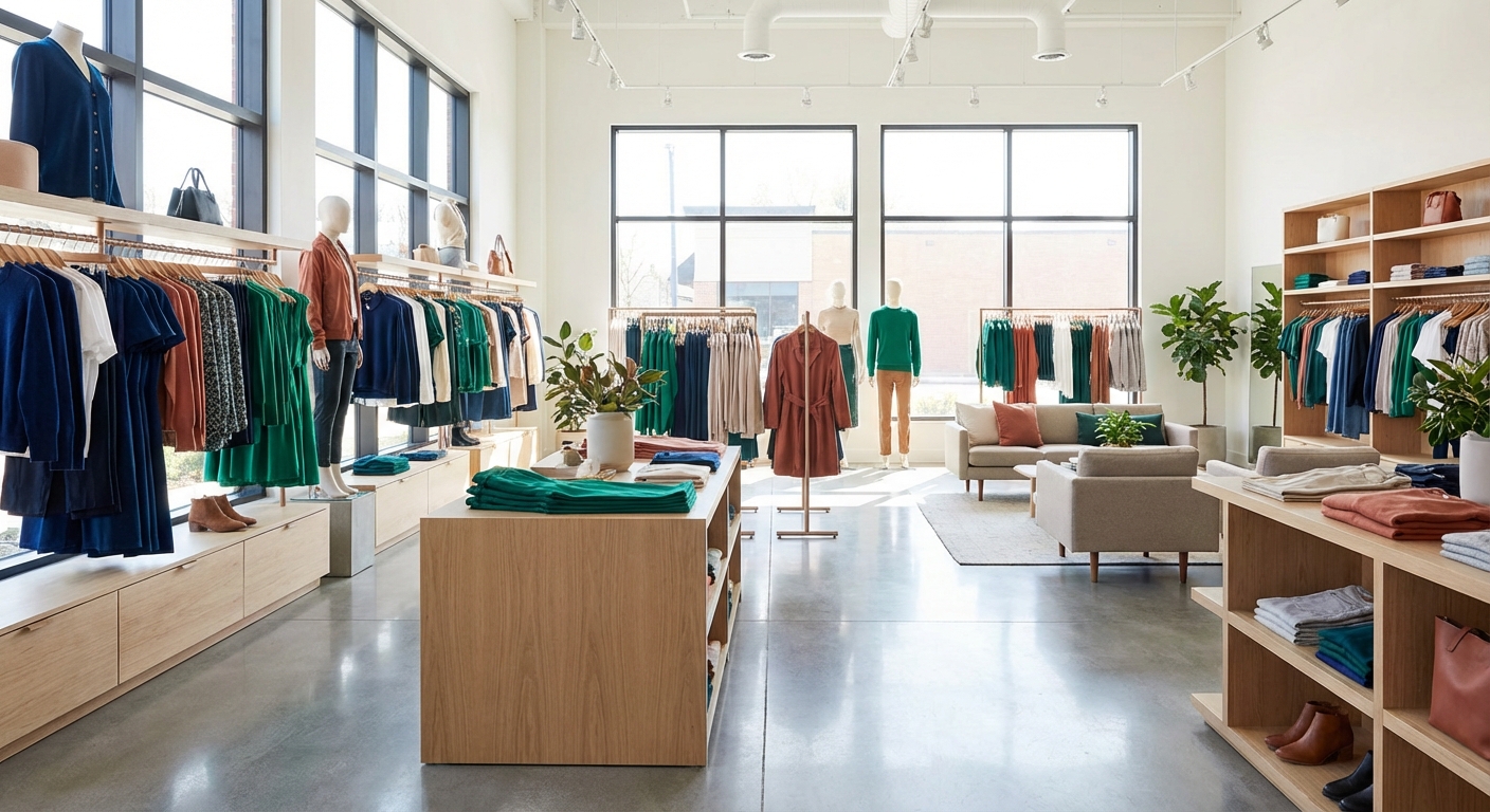Interior de una tienda de ropa moderna y bien iluminada lista para su apertura