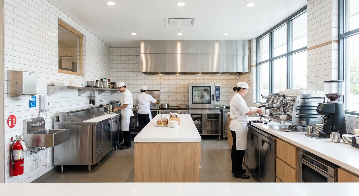 Cocina profesional de cafeter&iacute;a cumpliendo normativa sanitaria y de seguridad
