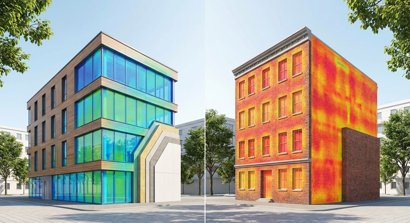 Comparativa visual de eficiencia energ&eacute;tica en edificios con y sin aislamiento t&eacute;rmico en fachada