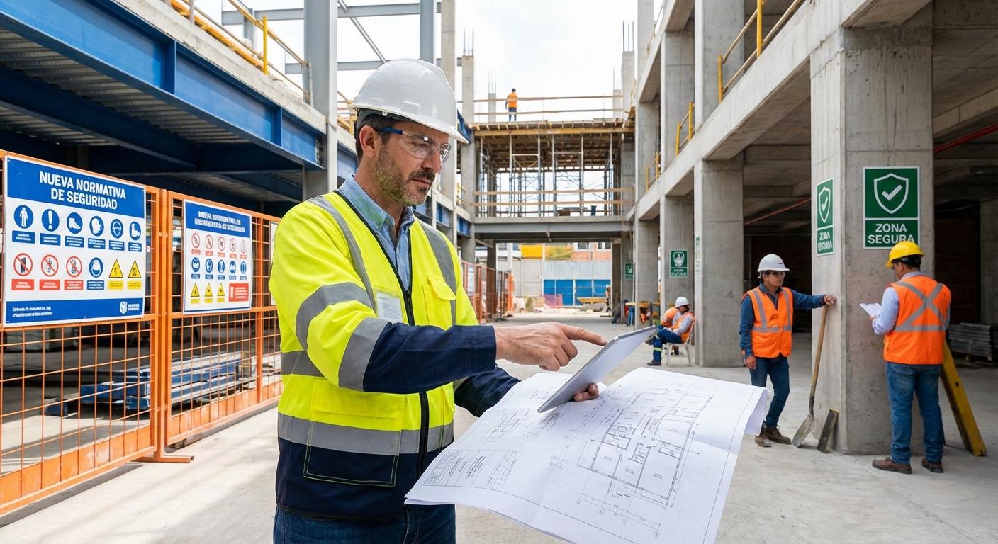 Ingeniero industrial revisando planos bajo la nueva normativa de seguridad